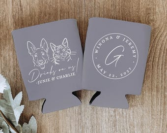 Custom Pet Illustration Wedding Can Coolers: Personalized Wedding Favors