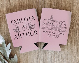 Custom Venue Wedding Can Coolers: Personalized House Illustration Favors