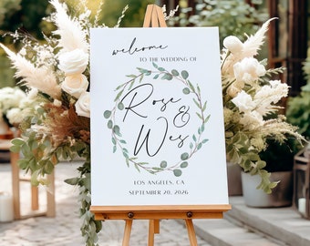 Custom Wedding Welcome Sign: Elegant Eucalyptus Wreath Design