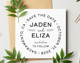 Botanische kalligrafie Save the Date-stempel: gepersonaliseerde bruiloftsstempel