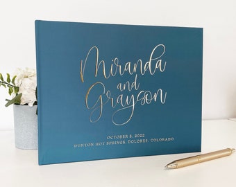 Foil Wedding Guest Book #33 - Modern Calligraphy - Wedding Guestbook, Horizontal Guest Book, Personalized Guest Book, Hardcover Guest Book
