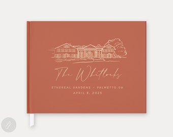 Foil Wedding Guest Book #57 - Custom Venue Illustration - Watercolor Wedding Venue Guestbook, Horizontal Guest Book, Hardcover Guestbook
