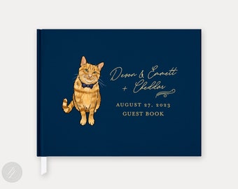 Foil Wedding Guest Book #48 - Custom Pet Illustration - Watercolor Dog Cat Wedding Guestbook, Horizontal Guest Book, Hardcover Guestbook