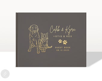 Foil Wedding Guest Book #51 - Custom Pet Illustration - Watercolor Dog Cat Wedding Guestbook, Horizontal Guest Book, Hardcover Guestbook