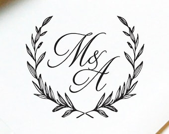 Monogram Stamp #25 - Wooden or Self-Inking - Calligraphy - Wreath - Personalized — INCLUDES HANDLE