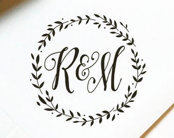 Monogram Stamp #5 - Wooden or Self-Inking - Calligraphy - Wreath - Personalized Wedding Stamp, Wedding Favor, Favor Stamp — INCLUDES HANDLE