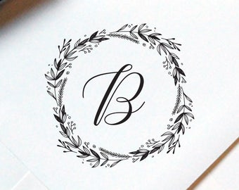 Monogram Stamp #29 - Wooden or Self-Inking - Calligraphy - Wreath - Personalized Stamp. Wedding Favor, Wedding Stamp — INCLUDES HANDLE