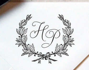 Monogram Stamp #20 - Wooden or Self-Inking - Calligraphy - Wreath - Personalized Wedding Stamp, Wedding Favor, Name Stamp — INCLUDES HANDLE