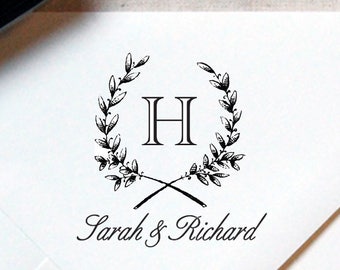 Monogram Stamp #22 - Wooden or Self-Inking - Calligraphy - Wreath - Personalized Wedding Stamp, Wedding Favor, Tag Stamp — INCLUDES HANDLE