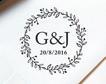 Monogram Stamp #15 - Wooden or Self-Inking - Calligraphy - Wreath - Personalized Wedding Stamp, Favor Stamp, Tag Stamp — INCLUDES HANDLE