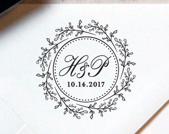 Monogram Stamp #26 - Wooden or Self-Inking - Calligraphy - Wreath - Personalized — INCLUDES HANDLE
