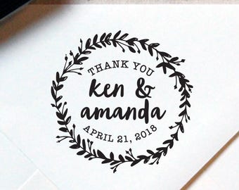 Thank You Stamp #18 - Wooden or Self-Inking - Calligraphy - Wreath - Personalized Wedding Favor, Tag Stamp, Monogram Stamp — INCLUDES HANDLE