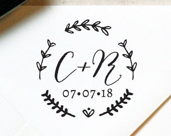 Monogram Stamp #36 - Wooden or Self-Inking - Calligraphy - Wreath - Personalized — INCLUDES HANDLE