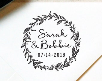 Monogram Stamp #38 - Wooden or Self-Inking - Calligraphy - Wreath - Personalized Wedding Favor Stamp, Save the Date Stamp — INCLUDES HANDLE