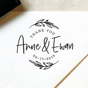 Thank You Stamp #22 - Wooden or Self-Inking - Calligraphy - Wreath - Personalized Wedding Stamp, Favor Stamp, Tag Stamp — INCLUDES HANDLE