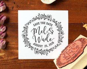 Save the Date Stamp #20 - Calligraphy - Personalized - Floral - Botanical