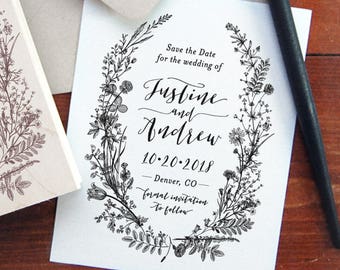Save the Date Stamp #24 - Botanical - Modern Script Calligraphy - Personalized