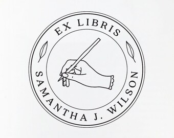 Library Stamp #17 - Wooden or Self-Inking - Calligraphy - Bookplate, Book Plate Stamp, Library Name Stamp - Personalized — INCLUDES HANDLE
