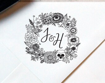 Monogram Stamp #1 - Wooden or Self-Inking - Calligraphy - Wreath - Personalized Wedding Favor, Wedding Stamp, Tag Stamp — INCLUDES HANDLE