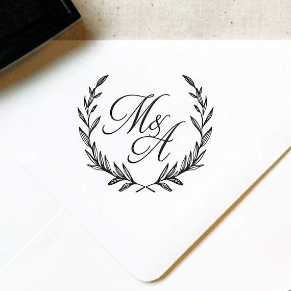 Monogram Stamp #25 - Wooden or Self-Inking - Calligraphy - Wreath - Personalized - DIY Wedding Stationery — INCLUDES HANDLE