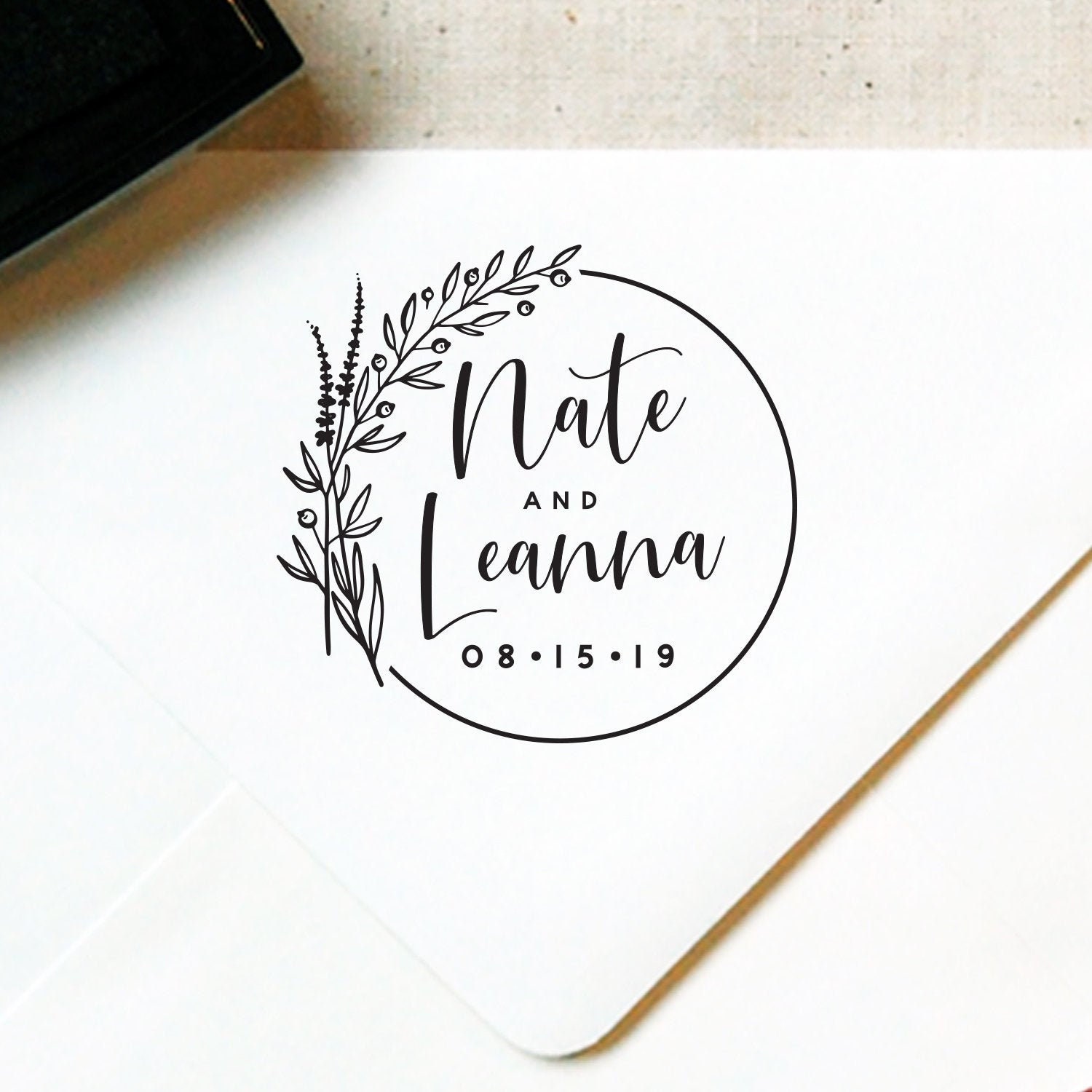Monogram Stamp #50 - Wooden or Self-Inking - Calligraphy - Wreath Stamp, Wedding Stamp, Wedding Favor - Personalized — INCLUDES HANDLE