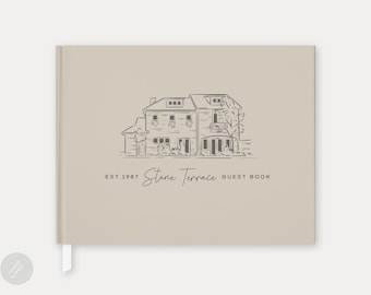 Libro de visitas con ilustración personalizada: Libro de bienvenida de alquiler con tapa dura y detalles metalizados.