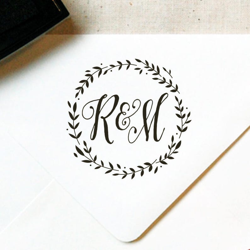 Monogram Stamp 5 Wooden or Self-Inking Calligraphy Wreath Personalized Wedding Stamp, Wedding Favor, Favor Stamp INCLUDES HANDLE image 1