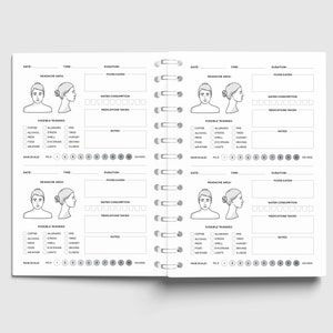 May include: A black and white printable headache tracker journal with sections for date, time, duration, headache area, food eaten, water consumption, medications taken, possible triggers, pain scale, and notes.