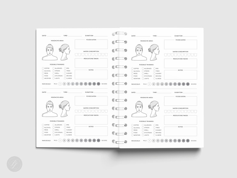 May include: A black and white printable headache tracker journal with sections for date, time, duration, headache area, food eaten, water consumption, medications taken, possible triggers, pain scale, and notes.