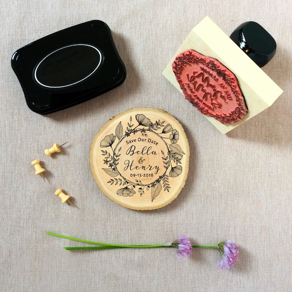 Custom Save the Date Stamp – Calligraphy Floral Wedding Stamp – Personalized Botanical Rubber Stamp – DIY Wedding Stationery – Design #21