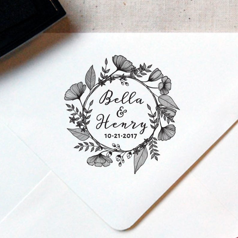 Calligraphy Wreath Monogram Stamp #28 Wedding Favor Wooden or Self-Inking Favor Stamp \u2014 INCLUDES HANDLE Personalized Wedding Stamp