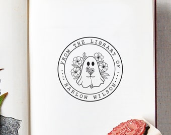 Library Stamp #58 - Wooden or Self-Inking - Cute Ghost - Bookplate Stamp, Ex Libris Stamp, School Stamp - Personalized — INCLUDES HANDLE