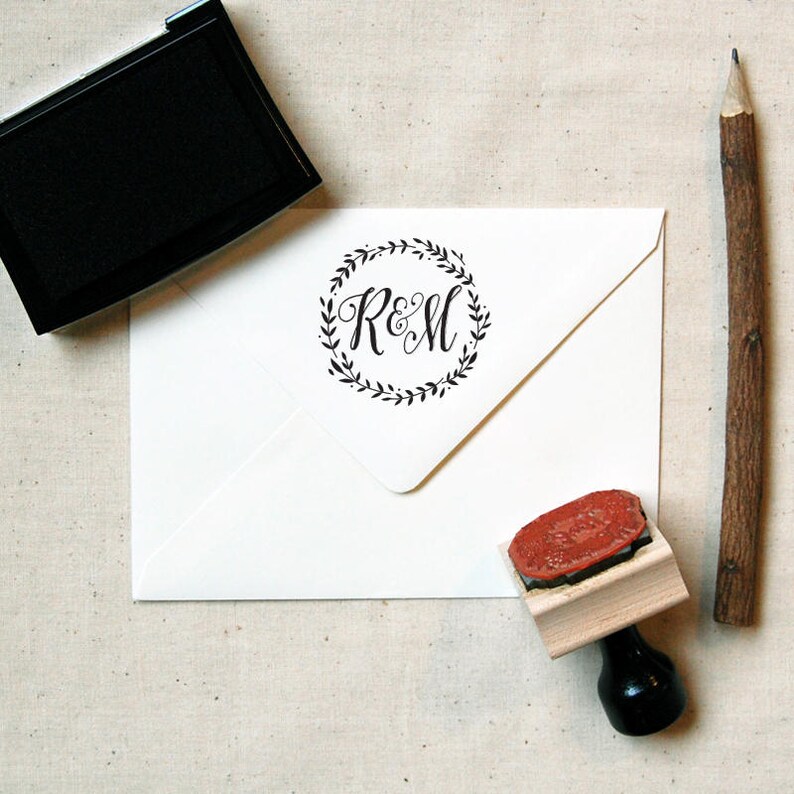 Monogram Stamp 5 Wooden or Self-Inking Calligraphy Wreath Personalized Wedding Stamp, Wedding Favor, Favor Stamp INCLUDES HANDLE image 2