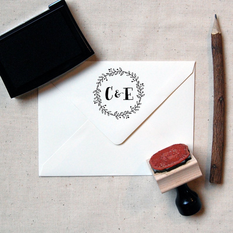 Calligraphy Initial Stamp \u2014 INCLUDES HANDLE Wooden or Self-Inking Wreath Monogram Stamp #14 Favor Stamp Personalized Wedding Stamp
