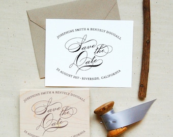 Save the Date-stempel #16 - Kalligrafie - Gepersonaliseerd - Custom Save the Date, houten stempel, doe-het-zelf bruiloftszegels, huwelijksuitnodigingen