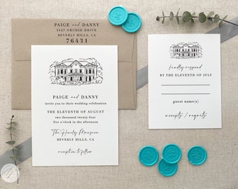 Wedding Invitation Stamp Suite #21 - Custom Venue Illustration - Personalized - Invitation, RSVP, Return Address Stamp, Wedding Invitations