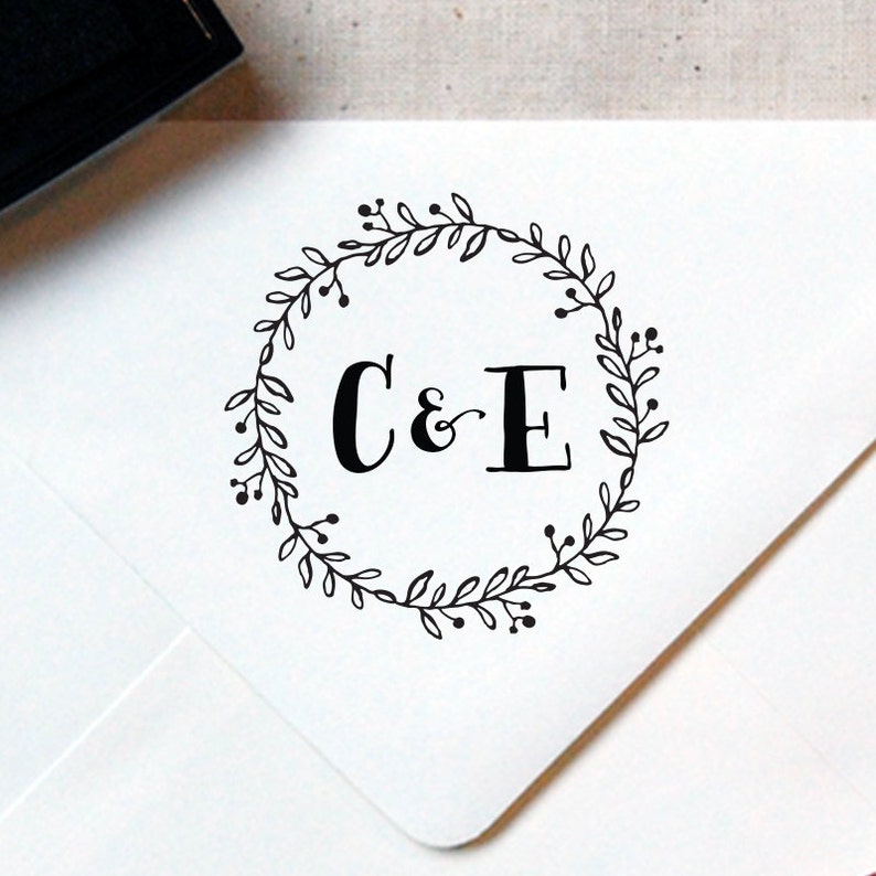 Calligraphy Initial Stamp \u2014 INCLUDES HANDLE Wooden or Self-Inking Wreath Monogram Stamp #14 Favor Stamp Personalized Wedding Stamp