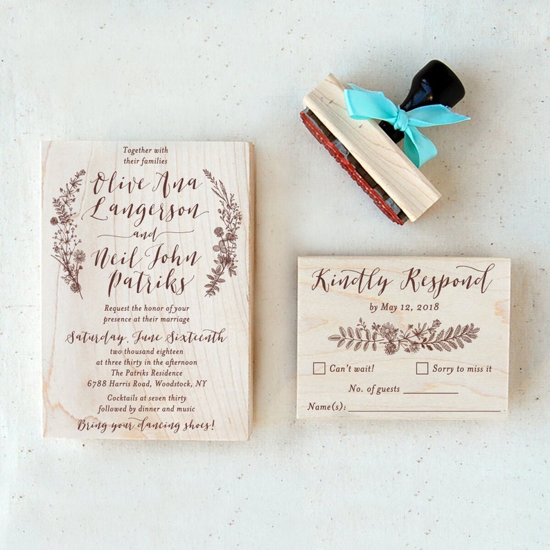 Wedding Invitation Stamp Suite 7 Calligraphy Floral Personalized Invitation, RSVP, Return Address Stamp image 1