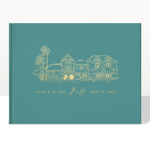 Custom Venue Illustration Guest Book - Foil Wedding Guestbook, Watercolor Wedding Venue Guest Book, Horizontal Hardcover Book #62