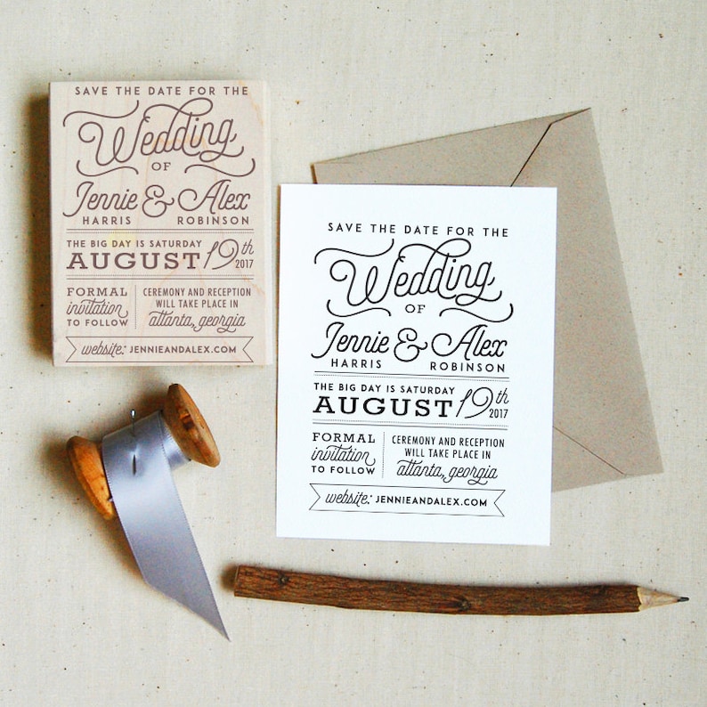 Save the Date Stamp 17 Modern Rustic Personalized image 1