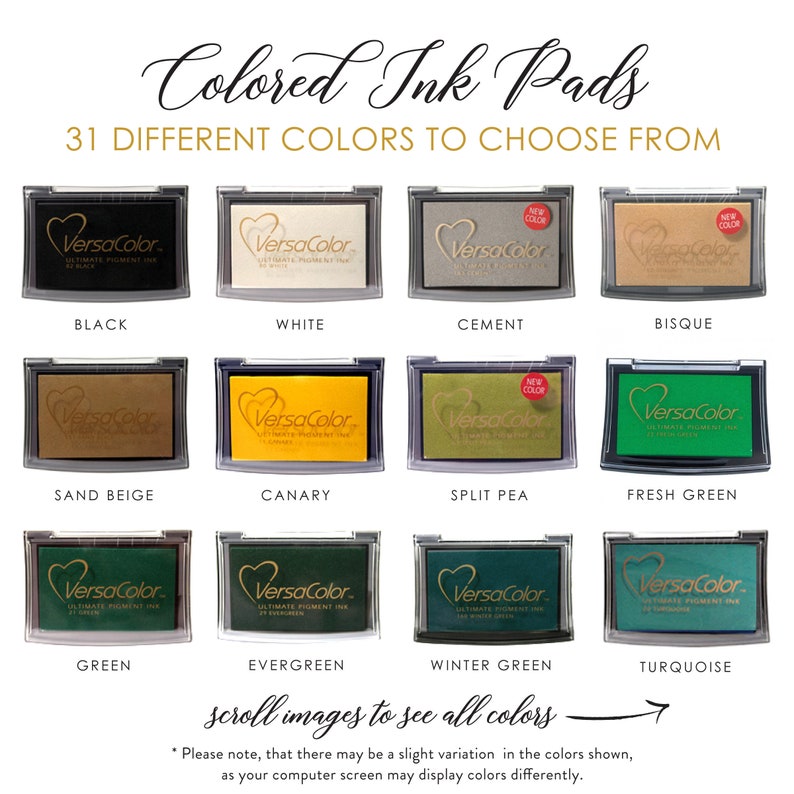 Puede incluir: Una muestra de 31 almohadillas de tinta de colores diferentes, cada una etiquetada con el nombre del color y la marca "VersaColor". Las almohadillas de tinta est&aacute;n dispuestas en una cuadr&iacute;cula de cuatro filas y ocho columnas. Los colores incluyen negro, blanco, cemento, bisque, beige arena, canario, guisante partido, verde fresco, verde, verde perenne, verde invierno y turquesa.