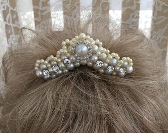 Brides Tiara - Bridal Rhinestones and Ivory Ligth Gray Pearl Tiara Comb #1016