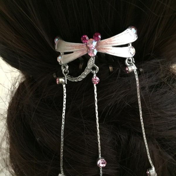 Dragonfly Pink Iridescent Rhinestones, SilverTone Chains, Pink And Burgundy Rhinestones, Hair Comb #1110