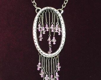 Vintage Silver Pendant Necklace, Pink Crystal Bead Pendant ,Woman Necklace,  #935