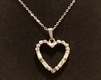 Rhinestone Heart Pendant, Sterling Silver Chain, Heart Charm ,Ladies Necklace. G.P# 997
