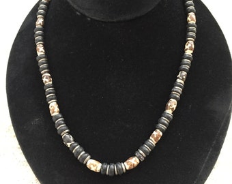 Men's wood necklace,Black,beige brown beads,silver jewelry,Beaded necklace, Men's surfer necklace choker unisex # 961