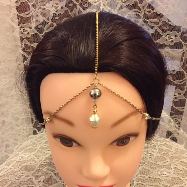 Gold Chain BoHo Hairpiece,Pearl Pendant,Bohemian,Headpiece,Forehead headband,WeddingAccessories,Boho BrideHeadpiece #1087