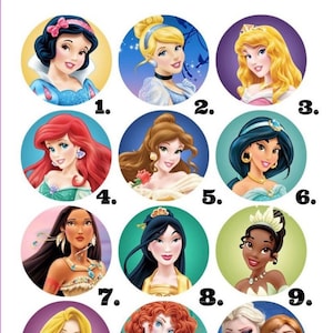 May include: A collage of 15 Disney Princesses, each in a circular frame with a number underneath. The princesses include Snow White, Cinderella, Aurora, Ariel, Belle, Jasmine, Pocahontas, Mulan, Tiana, Rapunzel, Merida, Elsa, Anna, and two images of Anna.