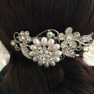White Pearl,Iridescent Rhinestones and Flower Wedding Hair Comb, Pearl Hair Comb for Wedding, Silver Hair Wedding Day comb 1111 image 2