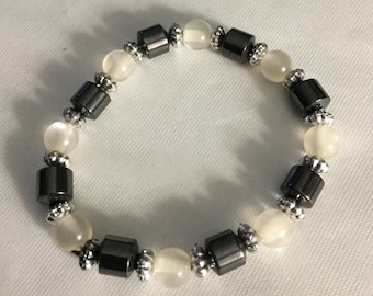 Magnetic Hematite And White Frosted Glass Beads/Adjustable Bracelet # 655